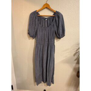 Old Navy Blue Smocked Midi Dress With Pockets Scoop Neck Puff Sleeves Cotton Ble